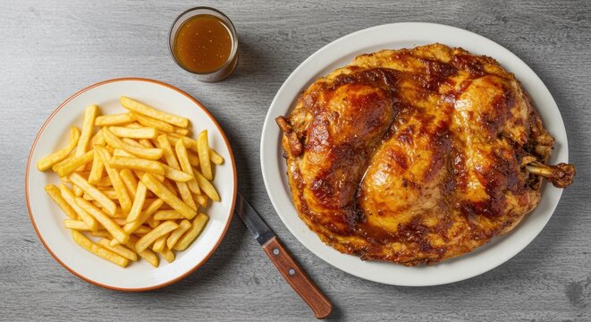 Roasted chicken and fries on a table with sauce and knife