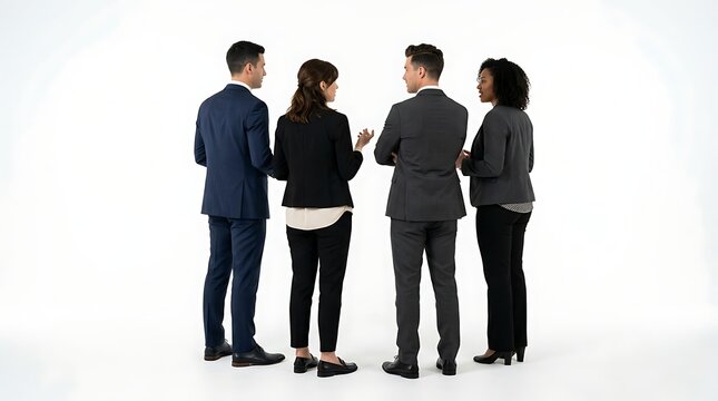 Four diverse business professionals in suits standing in a circle, engaged in a discussion or meeting, on a white background.