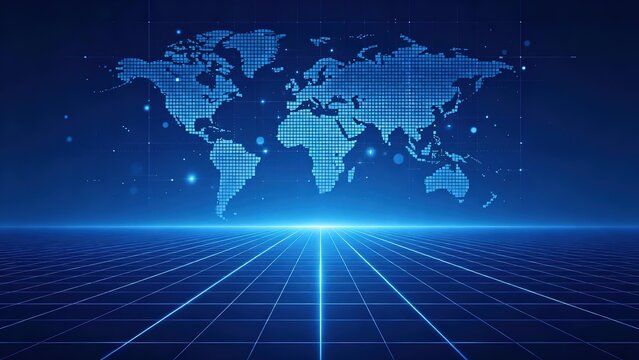 Deep Blue Gradient Business Tech Background, Semi Transparent Pixel World Map, Perspective Grid Floor with Cold Blue Luster, 8K Minimal Elegant Futuristic
