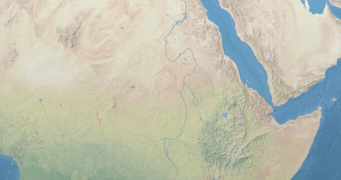 Sudan on Globe. Zoom into the country with Earth spinning on dark background. Physical world map with Sudan and label on it. Country view animation.