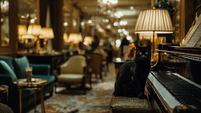 Black cat sitting on a piano bench in a luxurious room with a grand piano