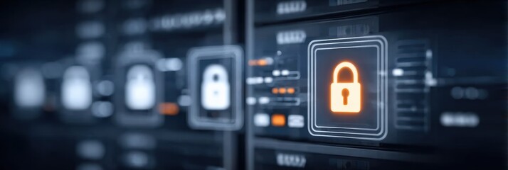 Fototapeta premium The firewall guards the server and database in cyberspace where encryption and a password keep the cloud infrastructure secure.