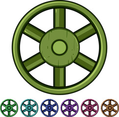 Obraz premium innovation wheel ancient cartoon. pottery spinning, axle hub, rim spoke innovation wheel ancient sign colorful illustration