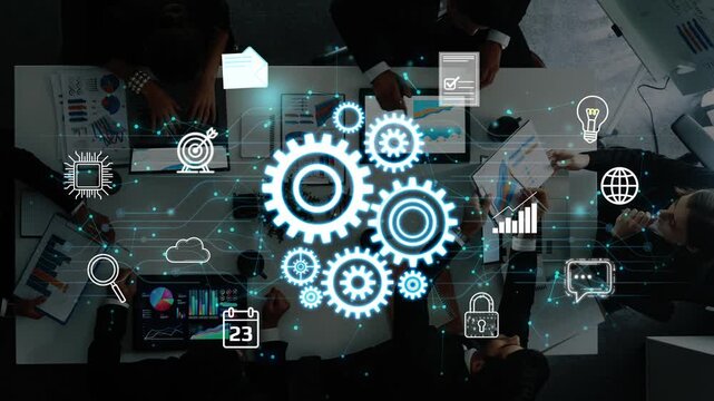 Abstract Concept of Digital Technology with Gears and Icons Representing Data Processing and Collaboration in a Modern Business Environment. Entropy.