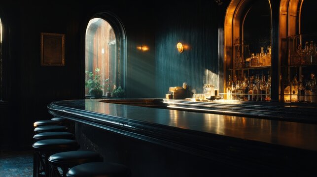 Cinematic interior of a sophisticated dark with sunlight streaming through arched windows onto a polished wooden counter