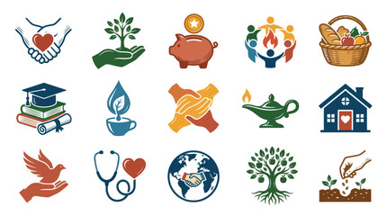 Obraz premium Flat Vector Charity, Community, Environment, Education Healthcare Icons Set