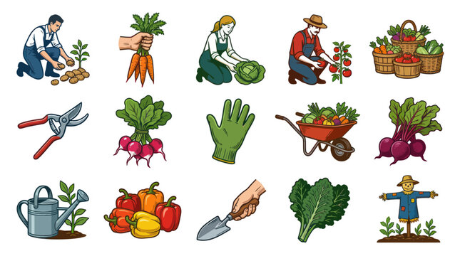 Gardening  Farming Tools  Vegetables - Flat Vector Illustration