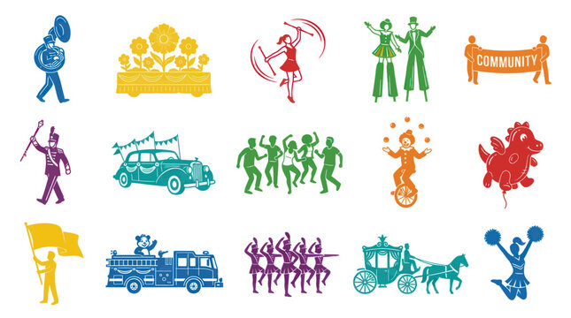 Woodcut Style Parade Celebration and Community Event Vector Icons Collection - Festivals  Entertainment Elements
