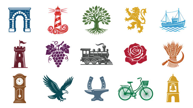 Vintage Vector Icons: Castle, Train, Eagle, Lighthouse, Bicycle, Rose, Tree, Sailboat, Lion