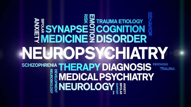 Neuropsychiatry animated word cloud-text design animation tag kinetic typography seamless loop.