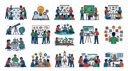 Fototapeta premium Diverse Team Collaborating on STEM Project with Robot and Rocket - Flat Design
