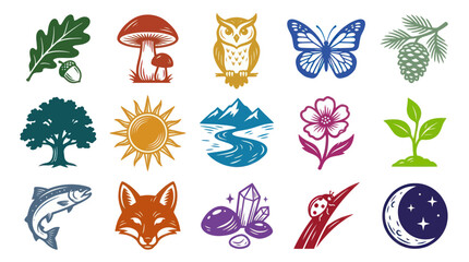 Obraz premium Stylized Vector Nature and Wildlife Icons Set - Environment, Outdoor, and Natural Elements Collection