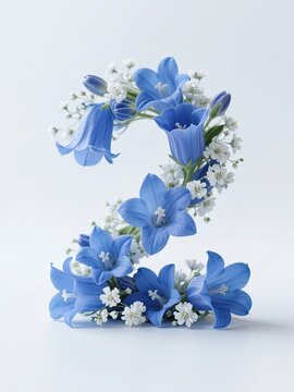 Floral number 2 made of blue and white bellflowers, fresh botanical letter design for wedding decor