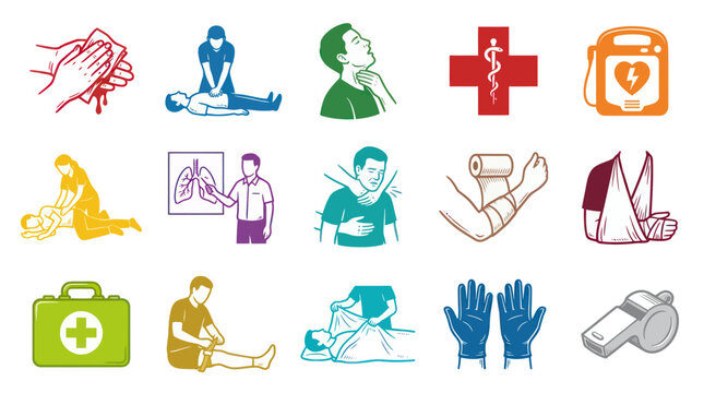 First Aid and CPR Icons: Medical Emergency, Health Safety, Rescue Actions, Vector Art