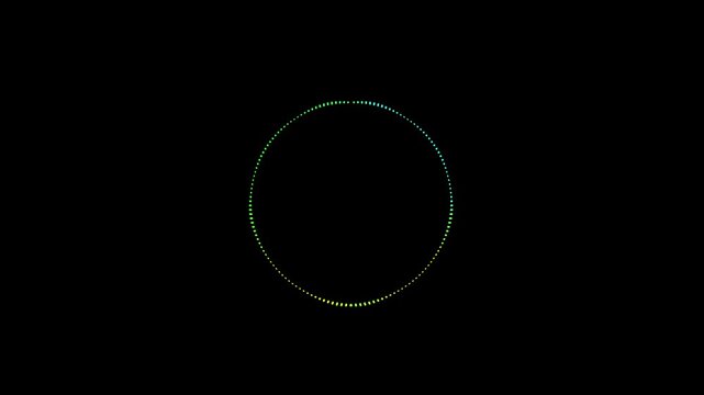 Circular audio wave animation with digital music frequency spectrum equalizer on black background.