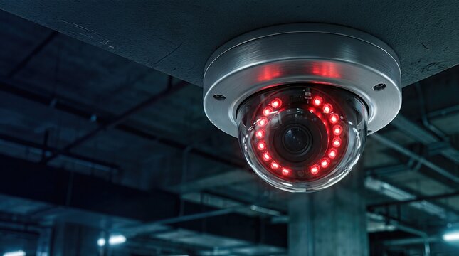 CCTV surveillance camera with red LED lights mounted on ceiling in an industrial setting, showcasing modern security technology in a commercial environment