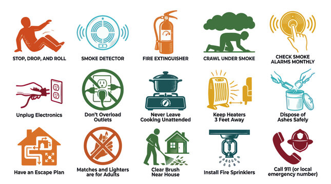 Fire Safety Icons: Prevention, Alarms, and Actions in Flat Style