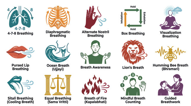 Health Wellness Yoga Breathing Exercises  Pranayama Techniques Infographic Flat Vector Icon Set