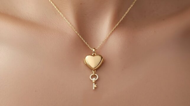 Elegant and romantic close-up of a polished gold heart locket pendant with a delicate key charm, symbolizing love and cherished memories