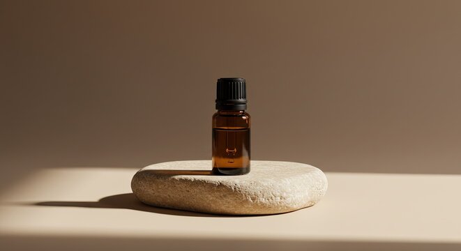 A small brown glass bottle with a black cap sits on a round beige stone on a table indoors.