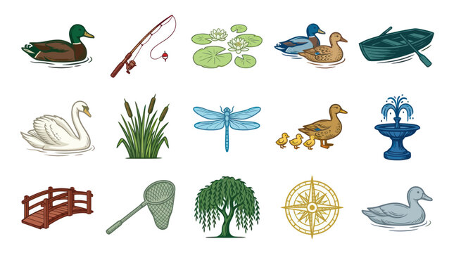 Flat Vector Illustrations of Pond Life: Ducks, Swans, Boat, Fishing Rod, Dragonfly