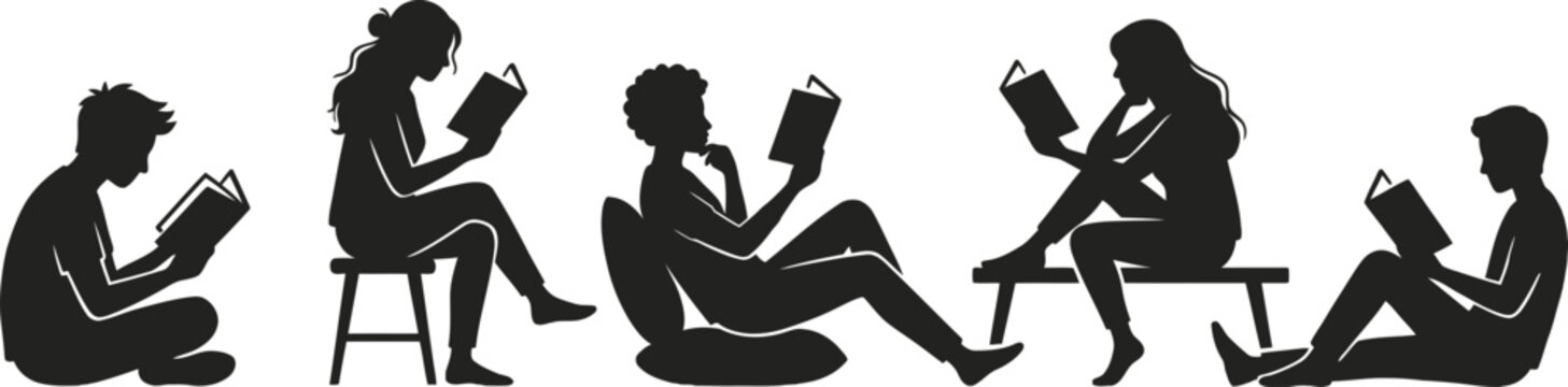 People Reading Books Silhouette Vector Set
