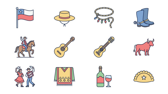 Colorful Texas-themed icons depicting culture and festivities
