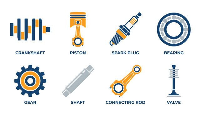 Mechanical engine parts collection icons.