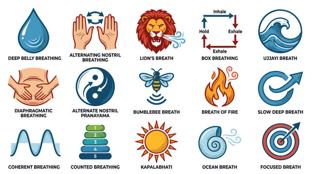 Health  Wellness Breathing Exercises Techniques Flat Vector Icons. Yoga Meditation  Stress Relief Infographic Collection.