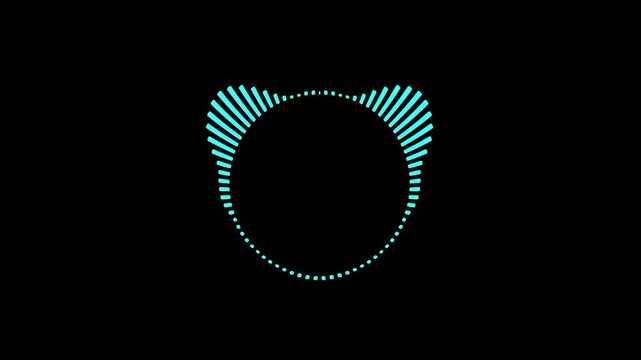 Circular audio wave animation with digital music frequency spectrum equalizer on black background.