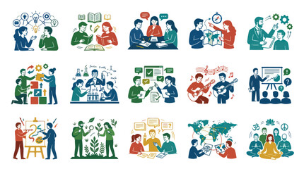 Fototapeta premium Flat Design Icons: Education, Collaboration, Music, Science, Art, Travel, Meditation