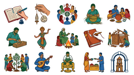 Fototapeta premium Cultural Heritage, Traditional Skills, and Community Activities in Colorful Hand-drawn Vector Illustrations