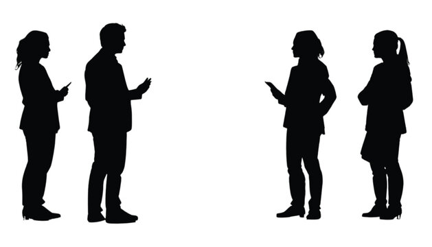 Businesspeople silhouettes stand in a professional alignment while interacting with portable digital devices to demonstrate modern connectivity and corporate communication strategies.
