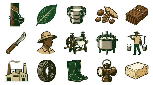 Flat Vector Icons Set for Rubber Production Industry, showing Tapping, Latex, Processing, and Products