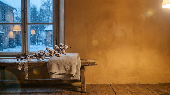 Hygge Winter Interior Rustic Bench Cotton Flower Branch Linen Cloth Warm Lamp and Snowy Window Outside