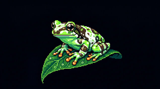Pixel Art Exotic Tree Frog Sitting on Green Leaf with Water Drops