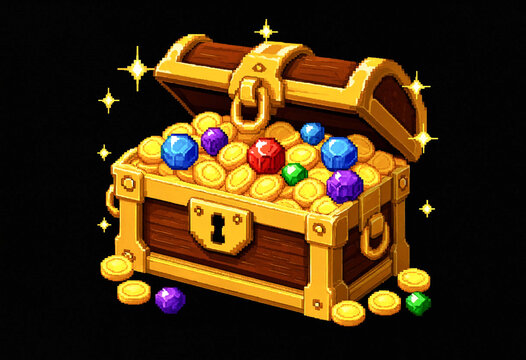 Pixel Art Open Treasure Chest Overflowing with Gold Coins and Colorful Gemstones