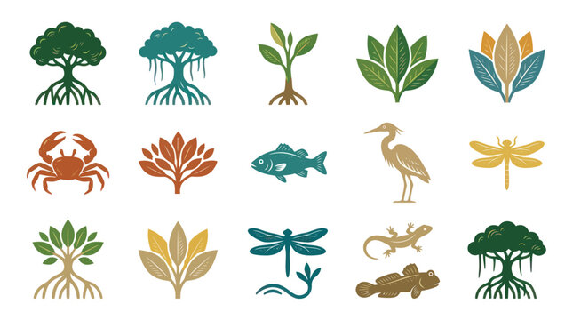 Wetland Ecosystem Icons: Stylized Flat Vector Illustrations of Mangrove Trees, Aquatic Animals, and Nature