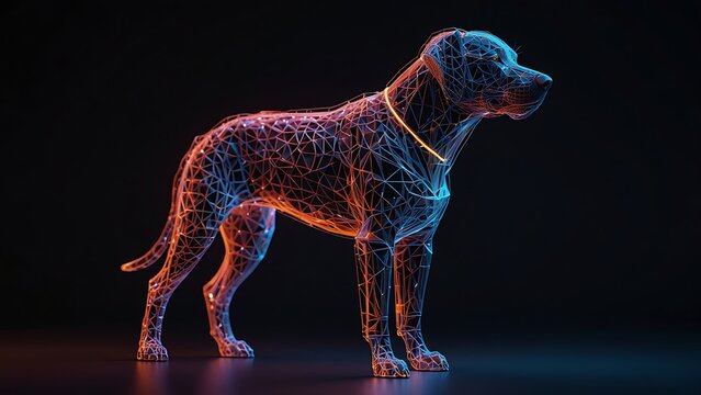 Futuristic Wireframe Glowing Dog Figure Created with Vibrant Cyberpunk Plexus Lines and Neon Light Connections on a Dark Grid Floor, Sci Fi AI Technology and Digital Companion Concept Art