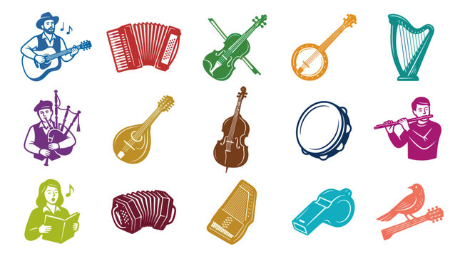 Retro Woodcut Style Folk Music Instruments  Musicians Vector Icons Collection