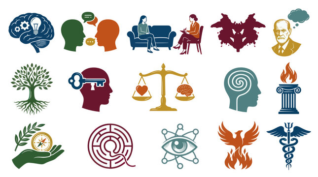 Psychology  Mental Health Flat Icons Collection - Therapy, Mind, Growth, Wellness Symbols Vector Set