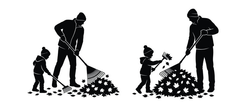 Silhouette of man and child raking leaves Vector