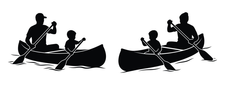 Silhouette of people kayaking in a canoe on water Vector