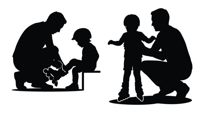 Black silhouette of father helping child put on shoes Vector