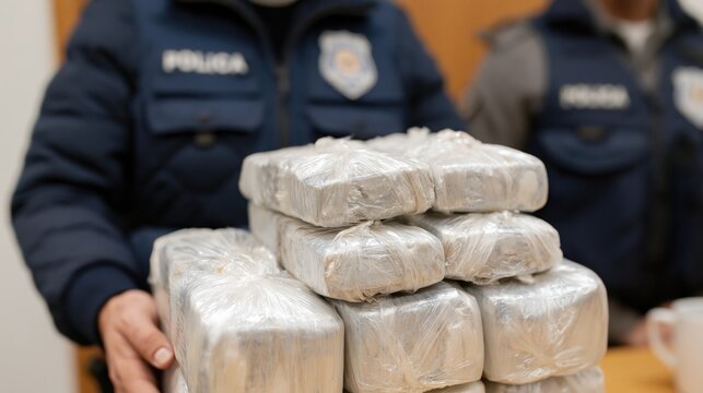 Police officers demonstrate evidence of drug traffic at the press conference. Illegal narcotics seized by law enforcement