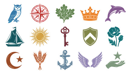 Fototapeta premium Collection of Hand-Drawn Icons: Nautical, Nature, Royalty, and Religious Symbols
