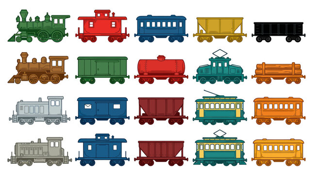 Vector illustration of various vintage trains and train cars in flat style