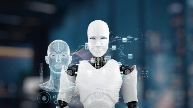 A cutting-edge humanoid robot demonstrates interaction with advanced digital interfaces, representing the fusion of technology and creativity in an innovative workspace. Synapse