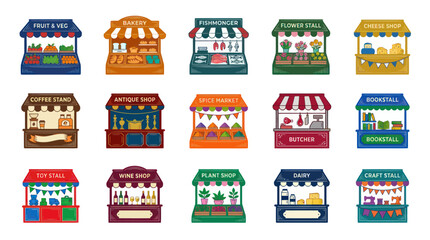 Naklejka premium Flat Design Market Stalls Icons: Food, Crafts, Flowers, Books, Cheese, Bakery