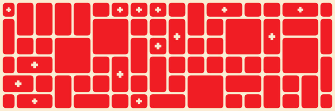 Geometric background with Vibrant red geometric  pattern rounded squares. Abstract shapes of smooth rectangles stained glass style mosaic pattern for trendy landing page with black border lines